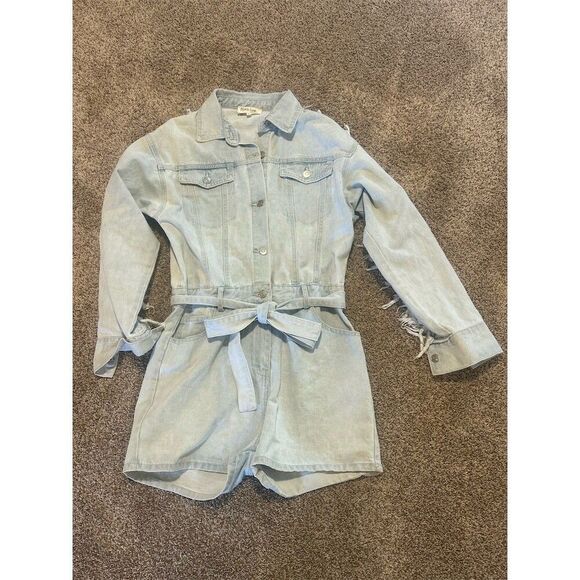 Peach Love California Romper Womens S Blue Light Wash Denim Fringe Belted - Picture 4 of 10